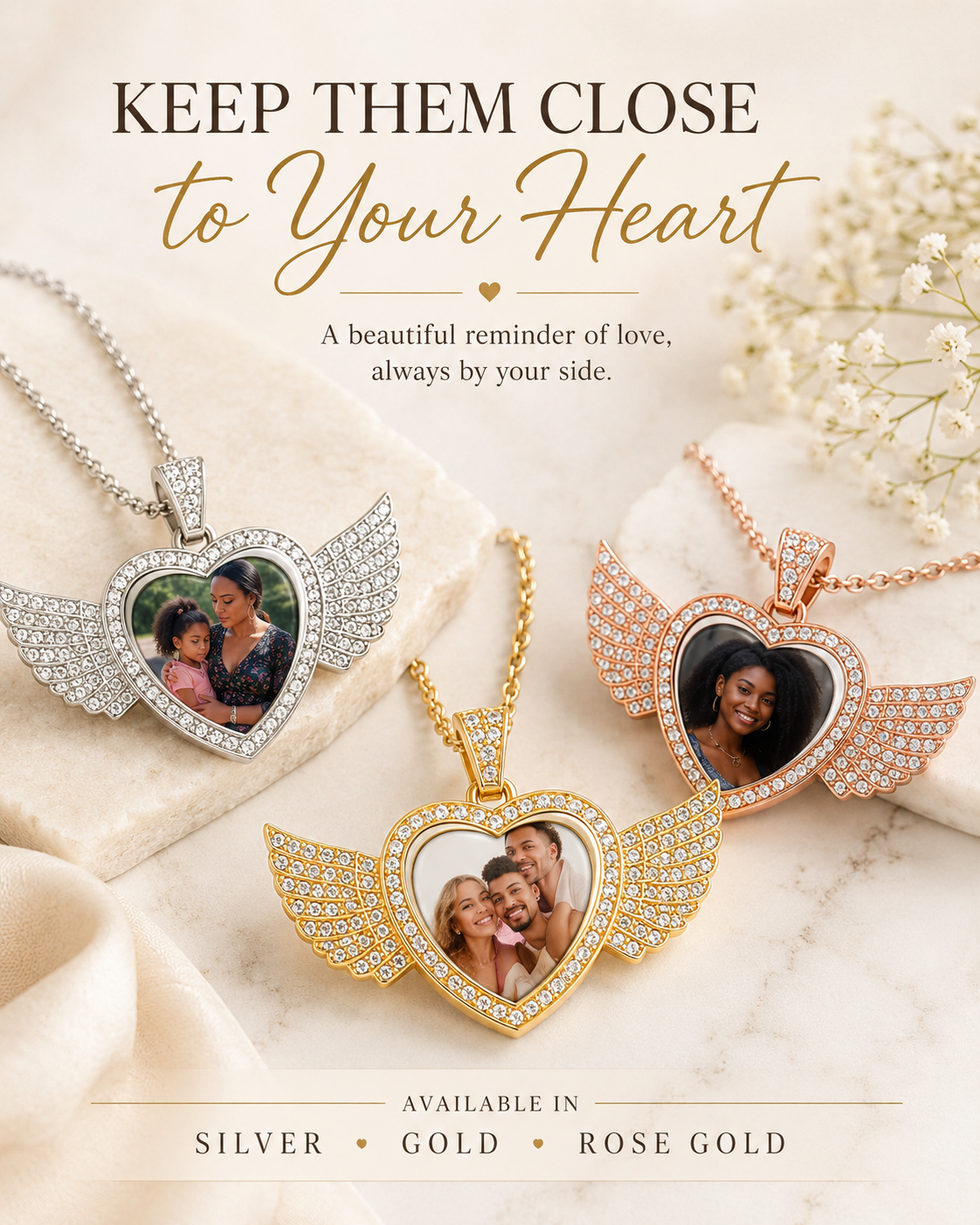 Personalized Wing Heart Photo Necklace | Double-Sided Keepsake Jewelry