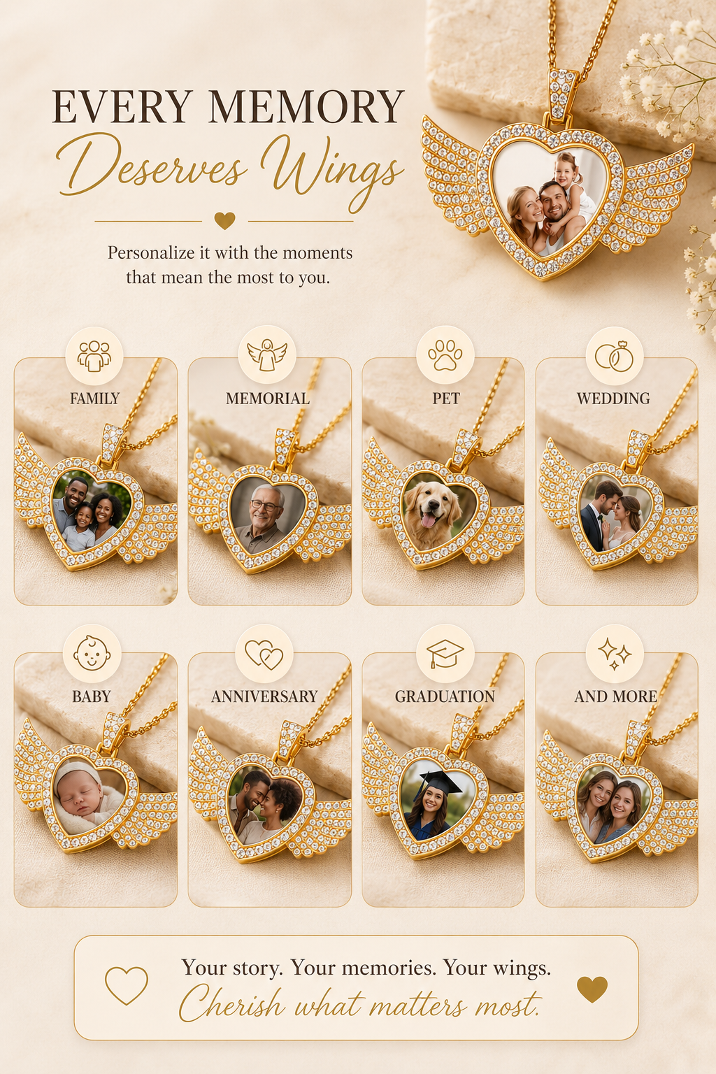 Personalized Wing Heart Photo Necklace | Double-Sided Keepsake Jewelry