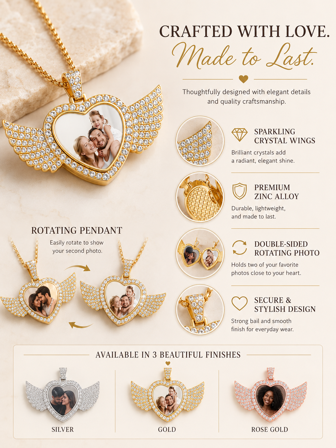 Personalized Wing Heart Photo Necklace | Double-Sided Keepsake Jewelry