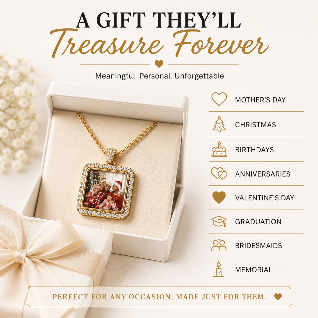 Personalized Square Photo Necklace - Memorial Keepsake Jewelry Double-sided