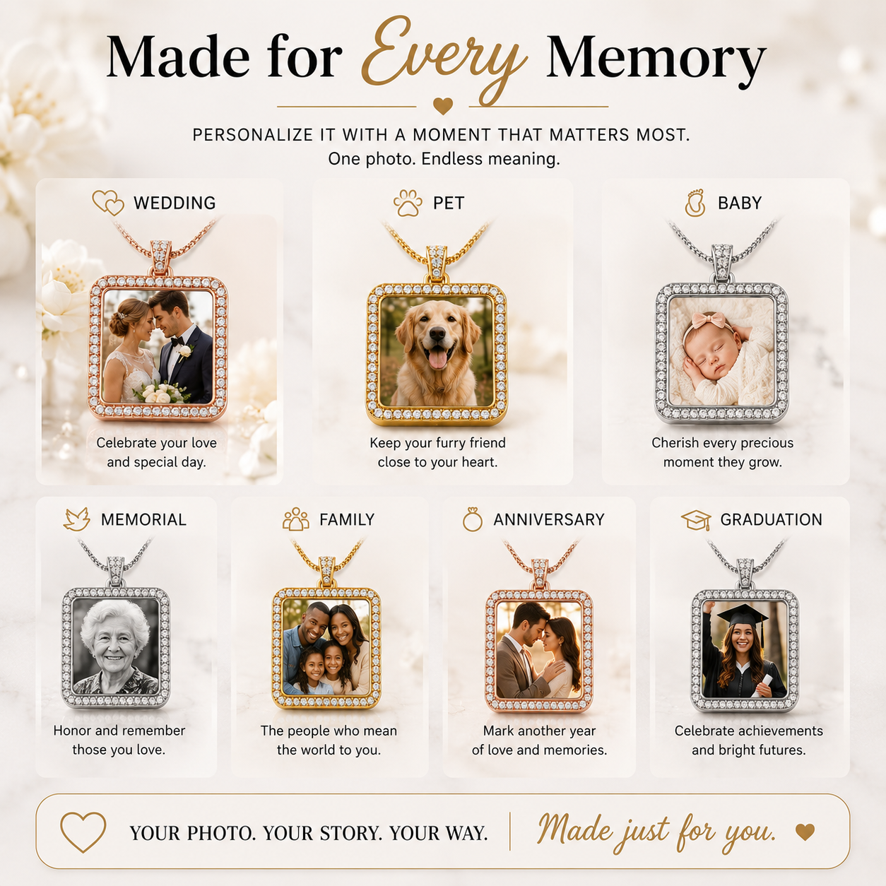 Personalized Square Photo Necklace - Memorial Keepsake Jewelry Double-sided