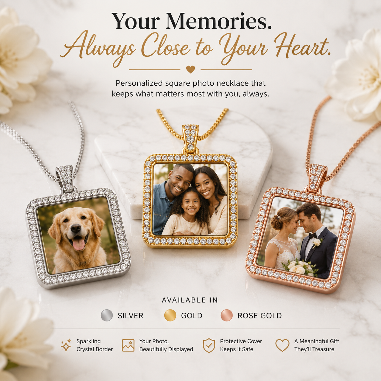 Personalized Square Photo Necklace - Memorial Keepsake Jewelry Double-sided
